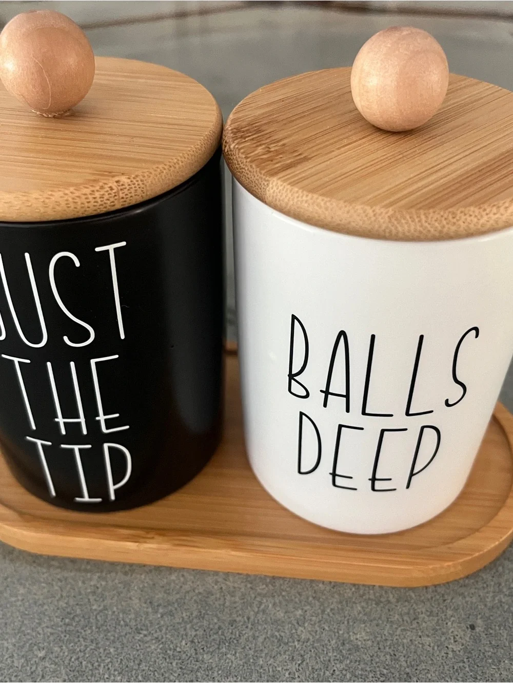 Set of Two Q-tip/Cotton Ball Ceramic Canisters with Bamboo Lids — Black & White